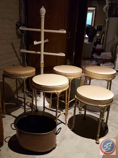 (5) metal with cushioned seats gold decorative bar stools of varying heights, plastic weighted