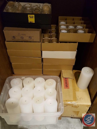 (16+) boxes of votive candles some with holders, and pillar candles
