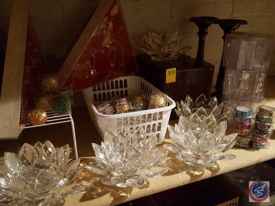 (5) Crystal Lotus candle holders, (3) Pottery Barn chandelier glass Bobeche, chandelier garland,