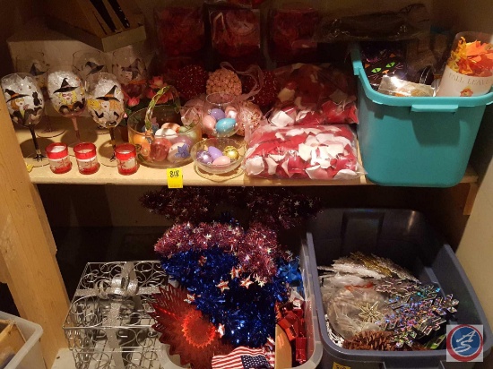 Misc. holiday decor including; marble eggs, rose hanging balls, (6) Halloween hand painted stemware,