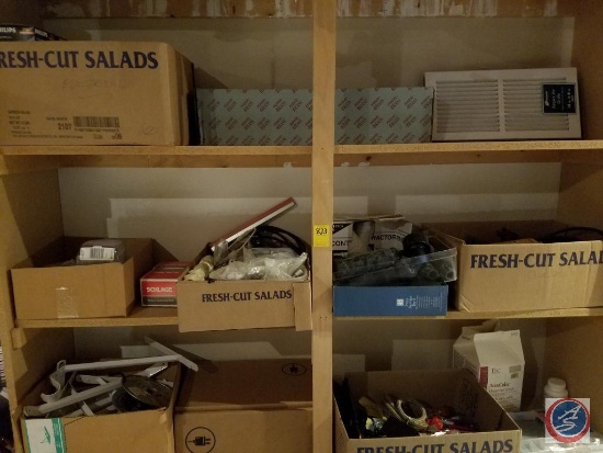Assorted household hardware including; lights bulbs, misc. electrical, grout and more