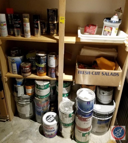 Assorted painting supplies, open cans of paint and spray paint