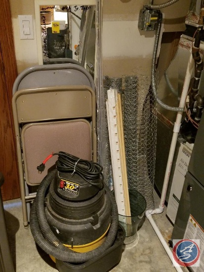 3.0 ShopVac, (2) metal folding chairs, baby gate, (2) shepherds hooks, chicken wire, mirror, trash