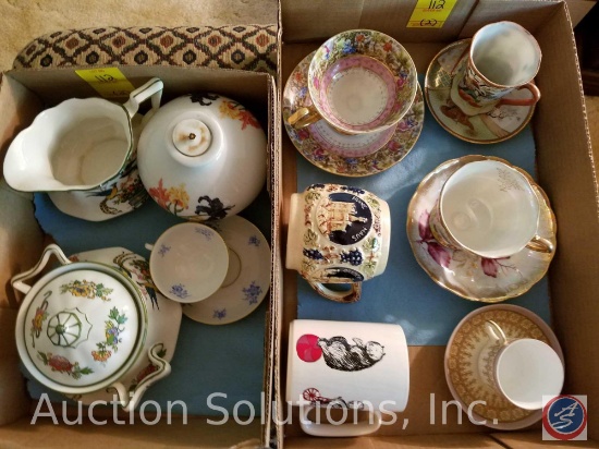 (2) flats containing Tea Cups on Saucers, One is marked: Johnson Bros England, one marked Wicks 'N'