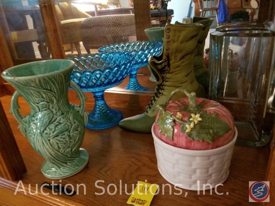 Contents of shelf: Blue Glass bowl on pedestal, Vase marked MccOY, Glass Pumpkin in basket marked ,