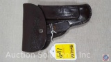 Dark Brown Leather Pistol Holster with Pocket for Extra Magazine