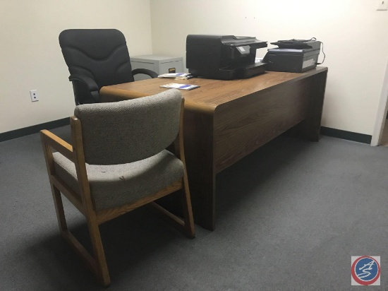 Office furniture and misc, including 4 shelf bookcase, (2) office desks, printers, office chairs,