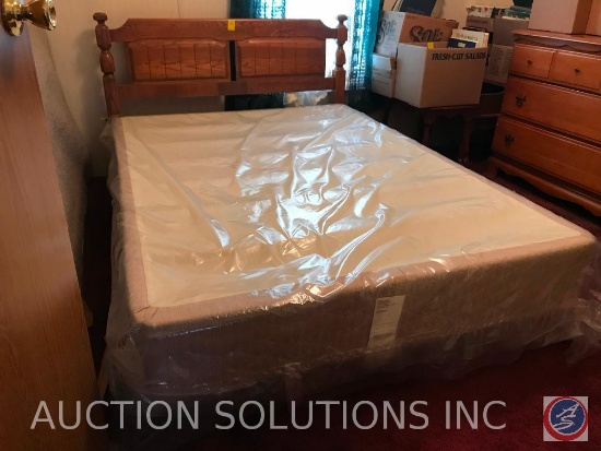 Full Size Bed with metal bed frame, Wooden Headboard, and box spring, still wrapped in plastic