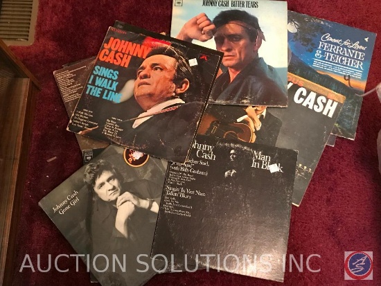 Box of Records including multiple Johnny Cash Records, "Bitter Tears, I Walk the Line,Gone Girl, Man