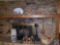 Contents of upper and lower fireplace mantel, including Large Crock marked 6, Hollowed Out and