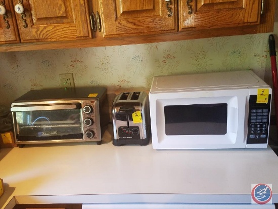 Mainstays microwave oven (model #EM720CGA-W), Hamilton Beach toaster (model #22790), Black and