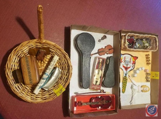 (2) Flats containing minature musical instrument replicas, vintage US Metal Toy Mfg. tin toy