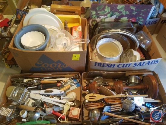 (2) Flats containing assorted kitchen utensils (i.e. spatulas, slicer, wood spoons, measuring