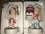 Campbell's Soup Figurines and Campbell's Soup Porcelain Doll, Native American Doll on stand