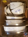 Box containing assorted Corning Ware dishes (some with lids)