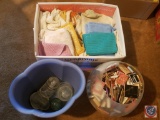 Box of dish towels, jar of vintage match books, (4) Hemingray glass insulators