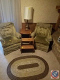 (2) Vintage Green Fabric Chairs, Wooden Table, Lamp with Shade