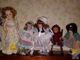 (5) Vintage Porcelainn Dolls, one with wooden rocking chair