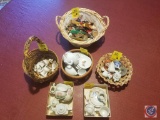 (4) baskets and (2) small boxes containing an assortment of mini tea pots/cups/saucers and trinkets