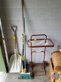 Trash Can Dolly, Scoop Shovel, broom and garden rake