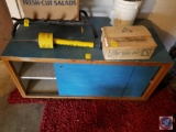 Chest with sliding doors, box with broken/whole pieces of tiles, 5 gallon bucket containing metal