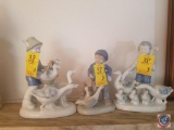 (3) Porcelain boy and goose figurines