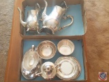 (2) Flats containing stainless steel and silver plated teapots, plates, bowls, gravy boat