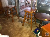 (2) Wood bar stools (25x13), wood square side table (17.5x17.5x16), wood round side table (17x21)