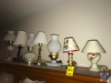 Contents of 2 shelves including; (7) small lamps, Thomas bowl with lid, glass bowl, soup serving