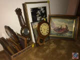 Assorted wall clocks, framed prints and picture frames