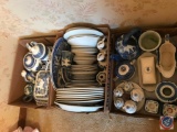(3) Boxes containing assorted china including; Buffalo Pottery, Blue Willow, Ironstone, Willow