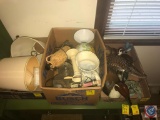 (2) flats and a box, containing decorative wooden duucks, vases, lamp shades, and more!