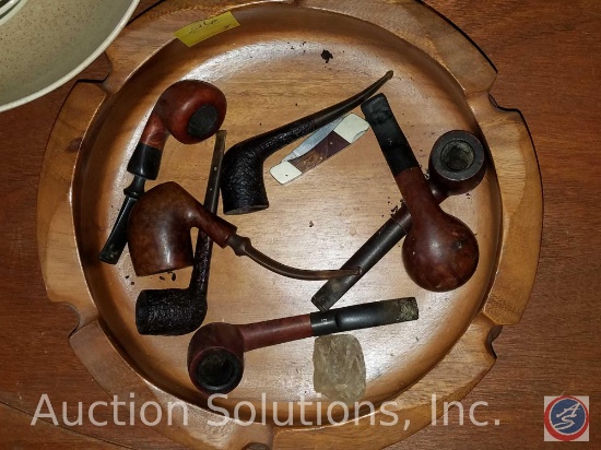 Oval Shaped Coffee Table 41"X26"X15 1/2", Wooden Bowl with Assorted Tobacco Pipes, Rubbermaid Tote