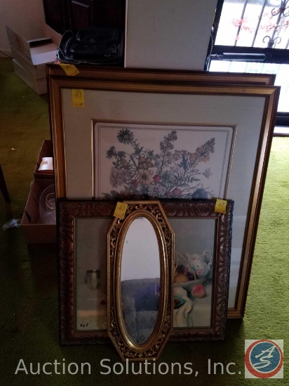 Plastic Framed Mirror and(2) Rob Ferber Prints and Oil Painting Marked DYF in Frame