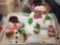 Assorted Wooden Santa Decorations and Fabric Stuffed Snowmen, Green and Peach Bows and Old Swan Tree