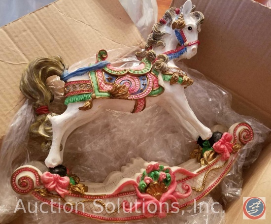 Lighted Deer Display in Woven Basket, Musical Carousel Horse, Mary and Baby Jesus Small Wreath,