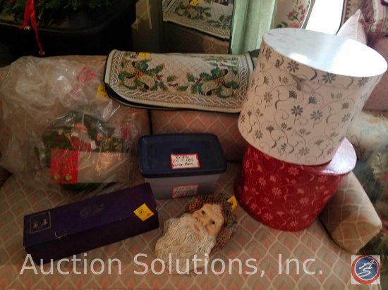 2 Hat boxes with Assorted Ribbons, Plastic Santa Wall Hanger, Santa Centerpiece, 4 Holiday Themed