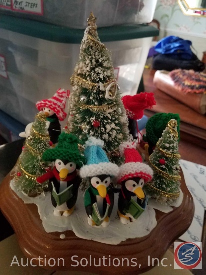 Schmid Penguin and Tree Music Box, Electric White Bell with Red Poinsettias, Gold Filler, Bell