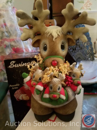Ceramic Musical Mother Deer with Babies, Swingin Santa in Original Box