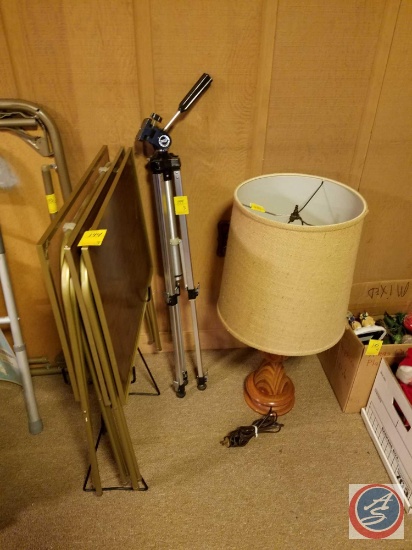 3 Piece Vintage TV Tray Tables with Rack, Coastar TR6 Tripod, Table Lamp with Shade and Wooden Base