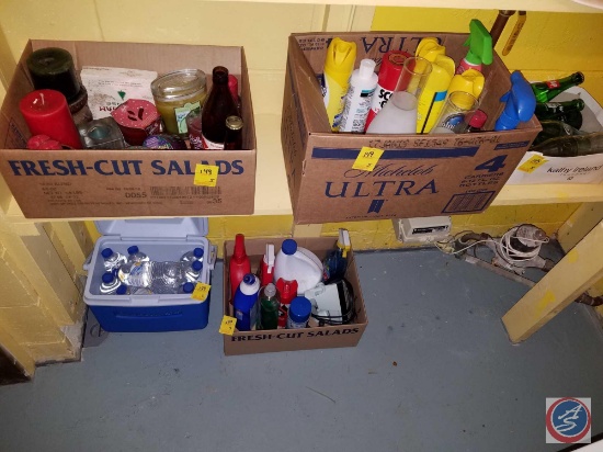 Vintage Glass Soda Bottles, Partially Used Cleaning Supplies, (2) Frosted Hurricane Lamp Shades,