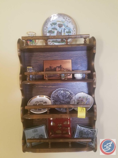 4 Tier Hanging Wall Shelving Unit Containing Glass Decorations, Carlisle Plaque, Decorative Plate