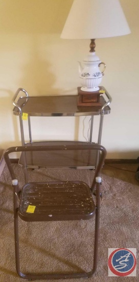 Vintage Serving Cart on Wheels, Coffee Pot Table Top Lamp with Shade