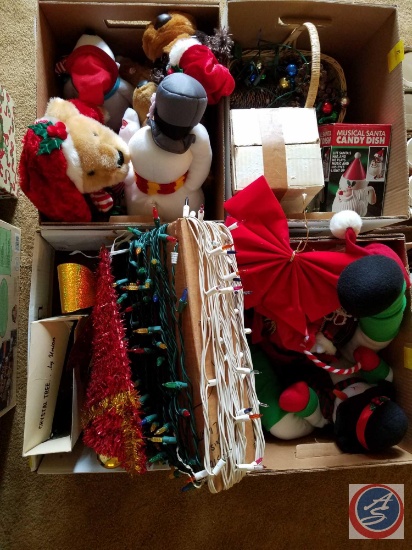 Christmas Themed Stuffed Animal, Woven Basket with Pine Cones and Christmas Lights, Holly Hurican