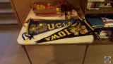Assorted Pennants, Scrapbook, Alligator Purse and Bride and Groom Figurines