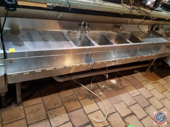 4 Compartment Under Bar Sink with 3 Speed Rails Measuring 96 X 22 X 33 Includes Bar Maid Glass