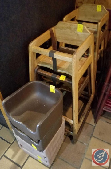 4 Wooden High Chairs and 5 Plastic Booster Seats