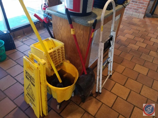 2 Wet Floor Signs, Mop and Mop Bucket, Step Ladder, Small Broom and Dust Pan