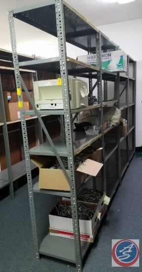 Metal Shelving Unit Measuring 85 X 36 X 18 and Tub of Hardware ( SOLD 4X'S THE MONEY)