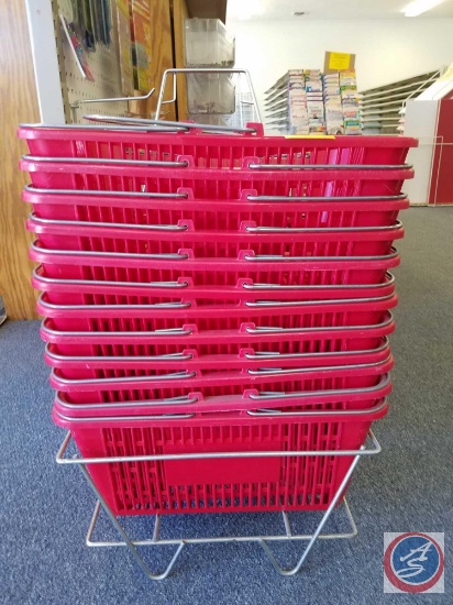 12 Red Hand Held Shopping Baskets in Rack